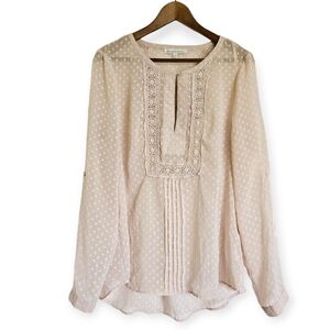 Daniel Rainn Anthropologie Sheer Long Sleeve Swiss Dot Top Peachy Cream Size L